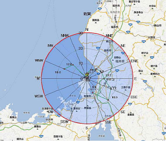 放射性物質拡散予測 敦賀原発から長浜市北部へ