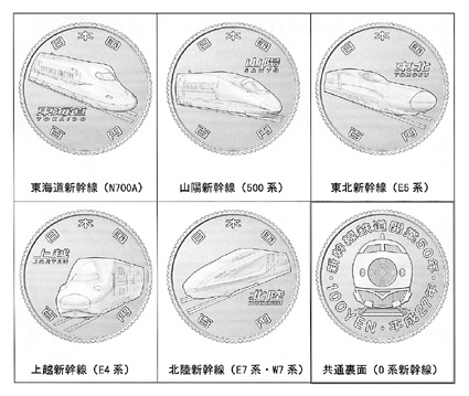 新幹線開業50周年　記念貨幣の図柄