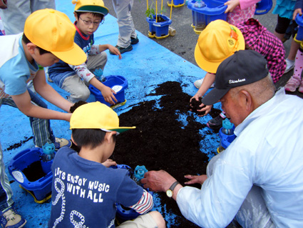 ２年生の児童が トマトの苗植え