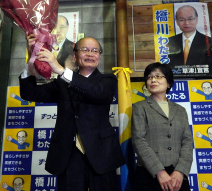 草津市長選　現職橋川氏、３選果たす