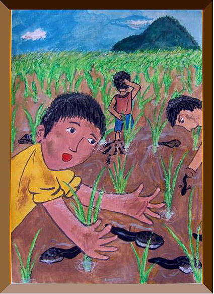 ふるさと農村こども絵画コンクール　知事賞に蓮溪くん「田植えと魚達」